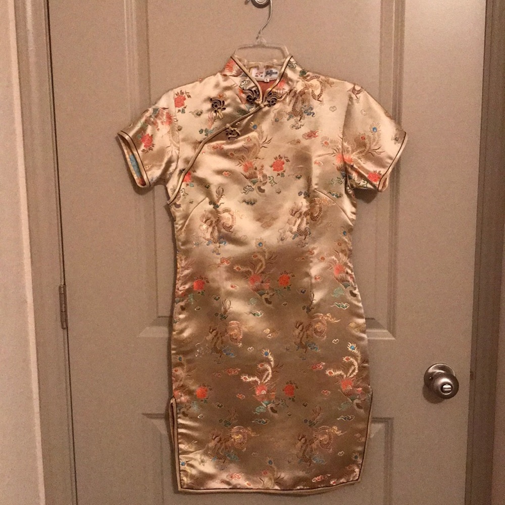 Gold silk Chinese kimono dress